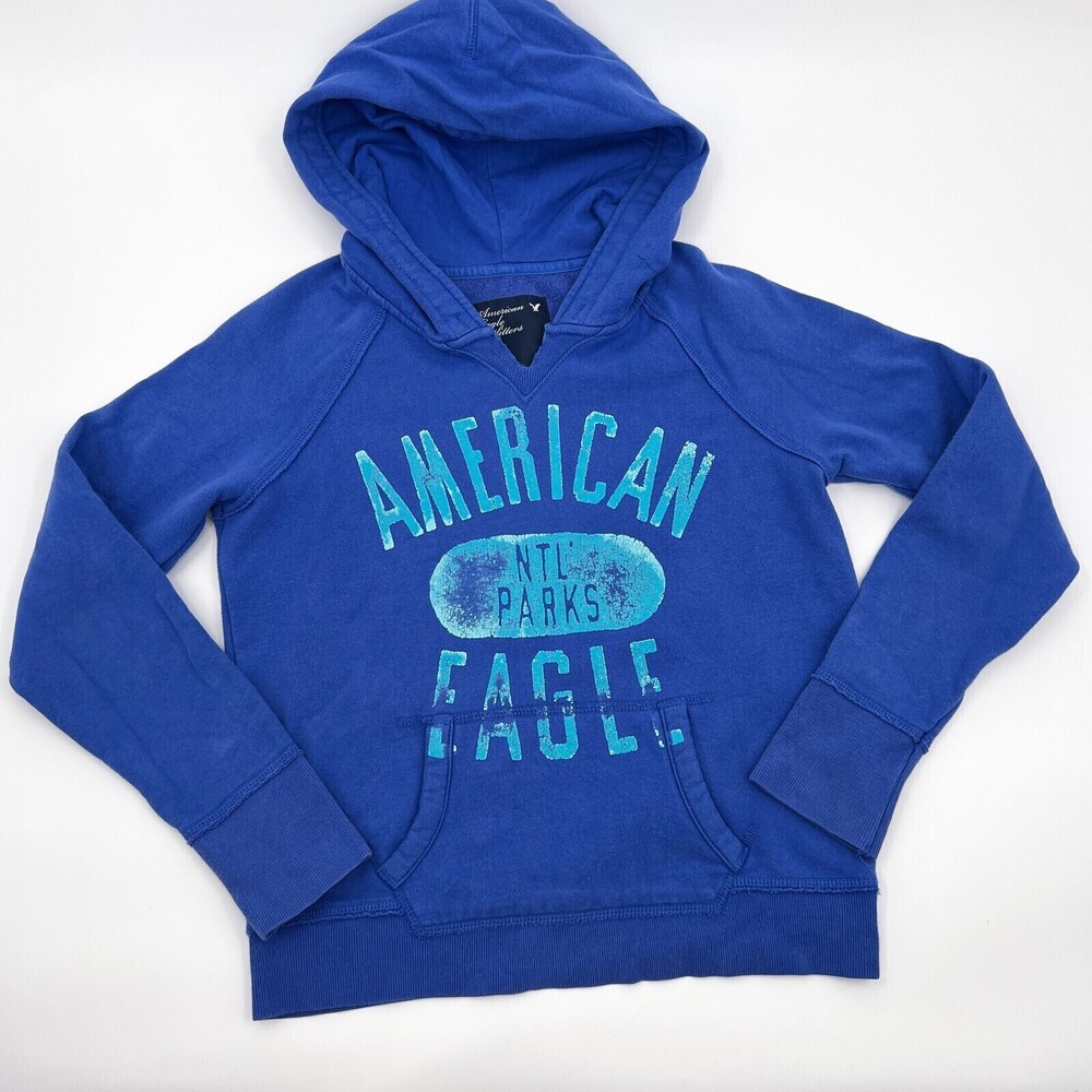 American Eagle AEO Sweater Womens Small Blue Hoodie Hooded Pockets National Park